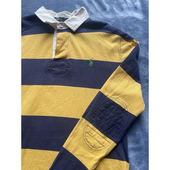 Mens Vintage Polo Ralph Lauren Blue Stripped Rugby Long Sleeve Shirt size L - Picture 2 of 11